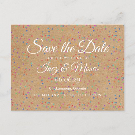 Rustic Kraft Rainbow Confetti Save the Date Ankündigungspostkarte (Vorderseite)