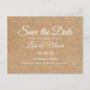 Rustic Kraft Rainbow Confetti Save the Date Ankündigungspostkarte