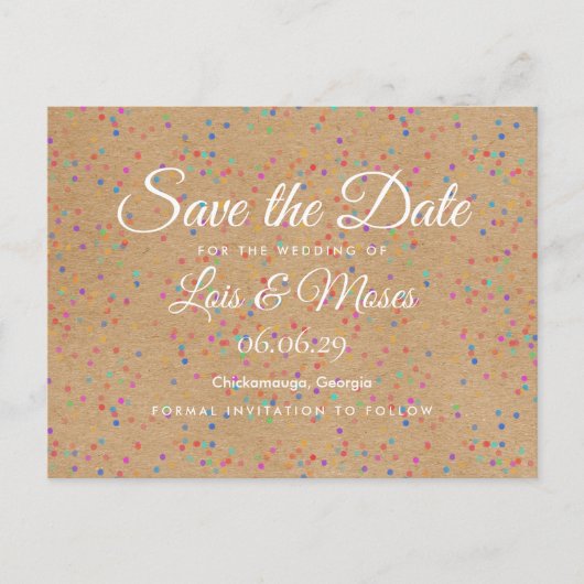 Rustic Kraft Rainbow Confetti Save the Date Ankündigungspostkarte (Vorderseite)