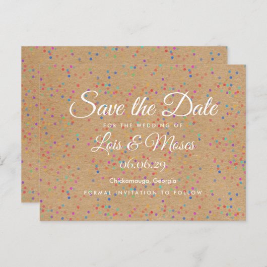 Rustic Kraft Rainbow Confetti Save the Date Postkarte (Vorne/Hinten)