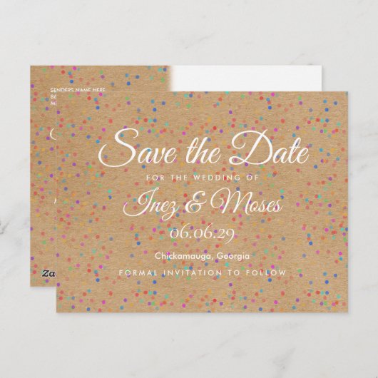 Rustic Kraft Rainbow Confetti Save the Date Postkarte (Vorne/Hinten)