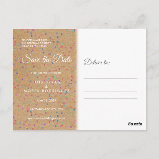 Rustic Kraft Rainbow Confetti Save the Date Postkarte (Rückseite)