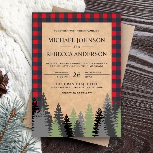 Rustic Kraft Red Buffalo Kariert Evergreen Wedding Einladung