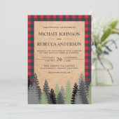 Rustic Kraft Red Buffalo Kariert Evergreen Wedding Einladung (Stehend Vorderseite)