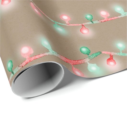 Rustic Kraft Red Green Christmas Tree String Light Geschenkpapier (Rolleneckpunkt)