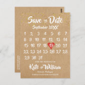Rustic Kraft Red Heart Calendar Save the Date Postkarte (Vorne/Hinten)