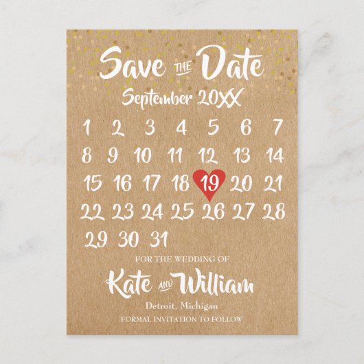 Rustic Kraft Red Heart Calendar Save the Date Postkarte (Vorderseite)