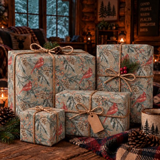 Rustic Kraft Red Kardinal Juniper Branches Berries Geschenkpapier