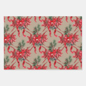 Rustic Kraft Red Poinsettias Ribbons Bows Lattice Geschenkpapier Set (Vorderseite 3)