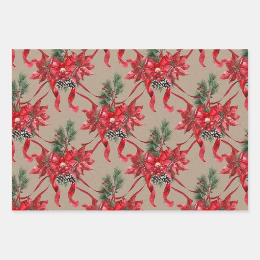 Rustic Kraft Red Poinsettias Ribbons Bows Lattice Geschenkpapier Set (Vorderseite 3)