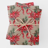 Rustic Kraft Red Poinsettias Ribbons Bows Lattice Geschenkpapier Set (Beispiel)