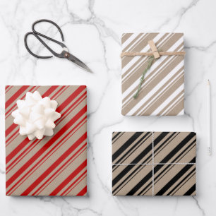 Rustic Kraft Red White Black Candy Stripes Geschenkpapier Set