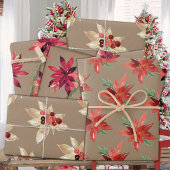 Rustic Kraft Red & White Foral Holiday Poinsettia Geschenkpapier Set