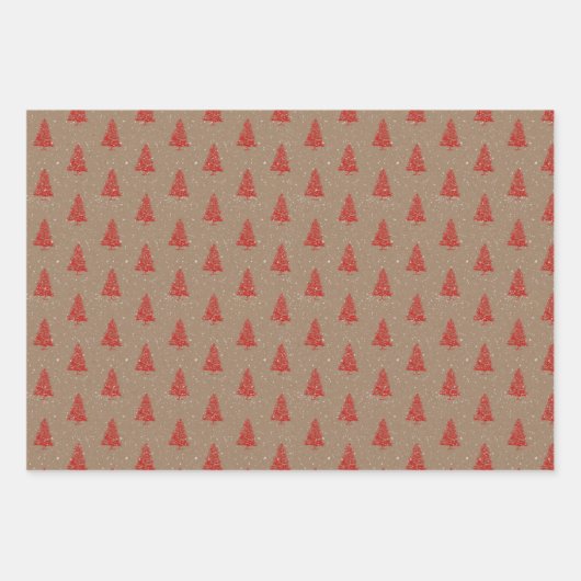 Rustic Kraft Red White Green Snowy Weihnachtsbaume Geschenkpapier Set (Vorderseite)