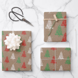 Rustic Kraft Red White Green Snowy Weihnachtsbaume Geschenkpapier Set