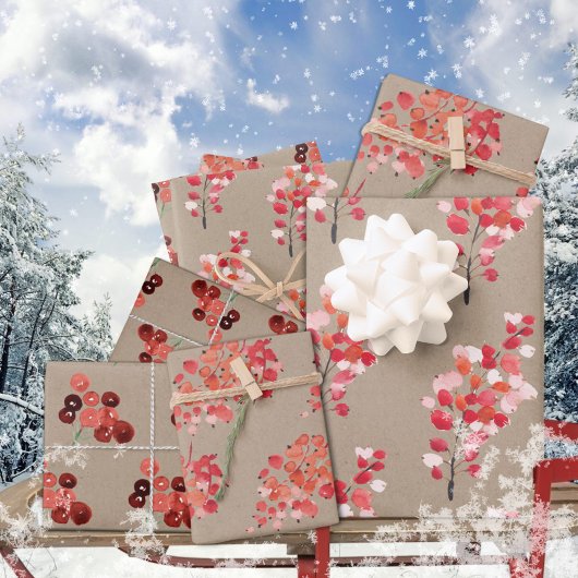 Rustic Kraft Red Winter Berries Geschenkpapier Set