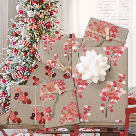 Rustic Kraft Red Winter Berries Geschenkpapier Set