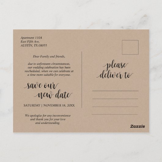 Rustic Kraft, Rett unser neues Datum, Hochzeit ver Postkarte (Rückseite)