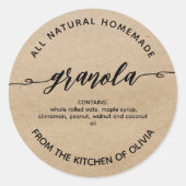 Rustic kraft Script Homemade Granola Label Runder Aufkleber (Vorderseite)
