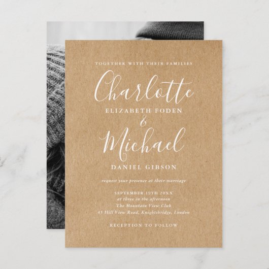 Rustic Kraft Signature Script Foto Wedding Einladungspostkarte (Vorne/Hinten)