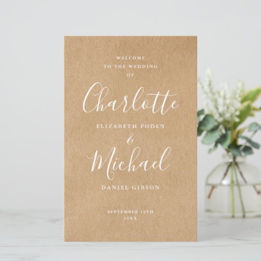 Rustic Kraft Signature Script Wedding Program (Stehend Vorderseite)