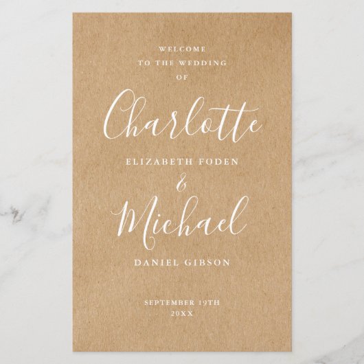 Rustic Kraft Signature Script Wedding Program (Vorderseite)