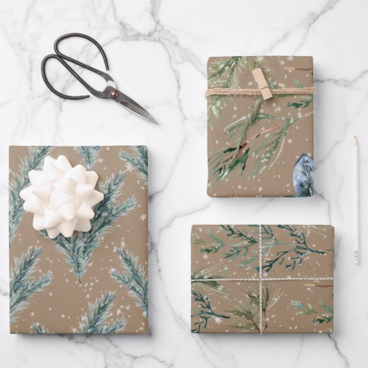 Rustic Kraft Silver Blue Spruce Winter Greenerie Geschenkpapier Set (Vorderseite)