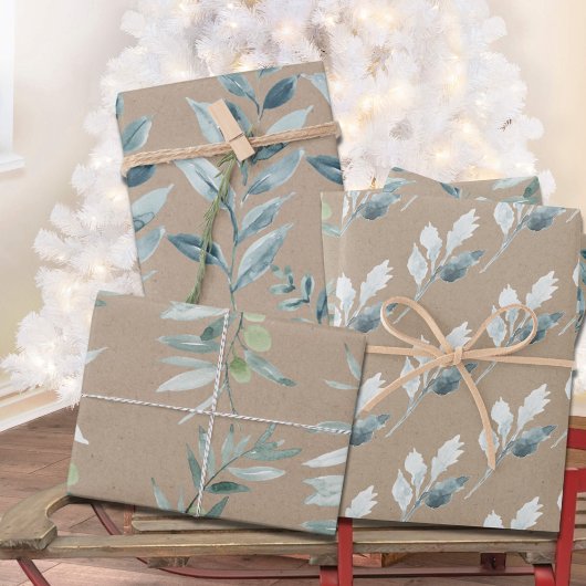 Rustic Kraft Silver Blue Winter Greenery Geschenkpapier Set