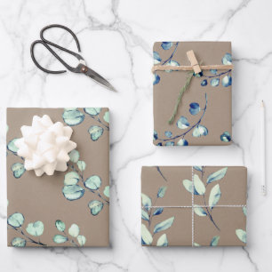 Rustic Kraft Silver Green Eucalyptus Sprigs Geschenkpapier Set