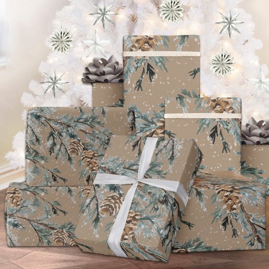Rustic Kraft Snowy Blue Juniper Branch & Cones Geschenkpapier