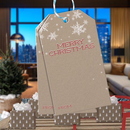 Rustic Kraft Snowy Red Frohe Weihnachten Schreiben Geschenkanhänger