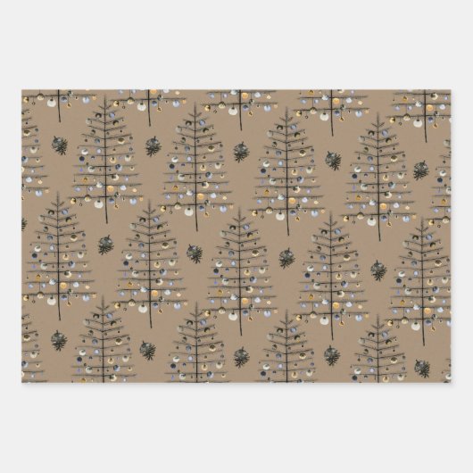 Rustic Kraft Sparse Black Christmas Tree Ornamente Geschenkpapier Set (Vorderseite 3)