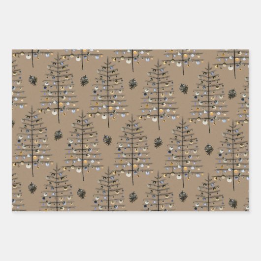Rustic Kraft Sparse Black Christmas Tree Ornamente Geschenkpapier Set (Vorderseite 2)