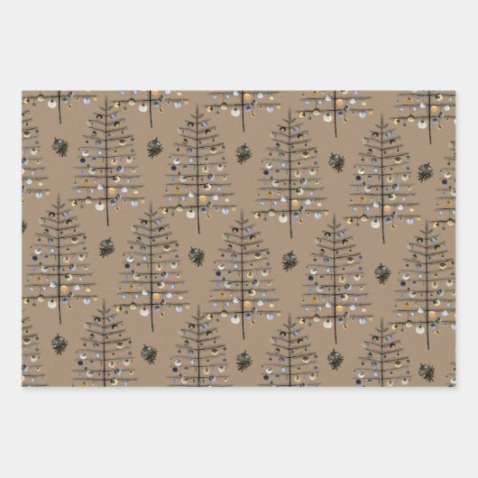 Rustic Kraft Sparse Black Christmas Tree Ornamente Geschenkpapier Set (Vorderseite)