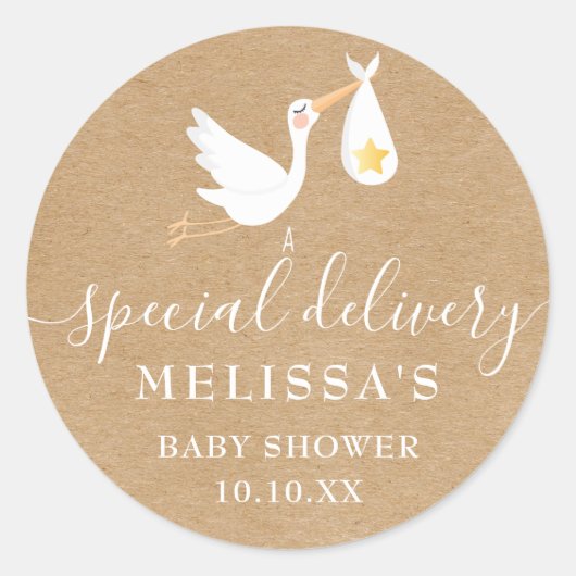 Rustic Kraft Special Delivery Stork Baby Dusche Runder Aufkleber (Vorderseite)