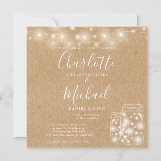 Rustic Kraft String Light Mason Jar Wedding Foto Einladung (Vorderseite)