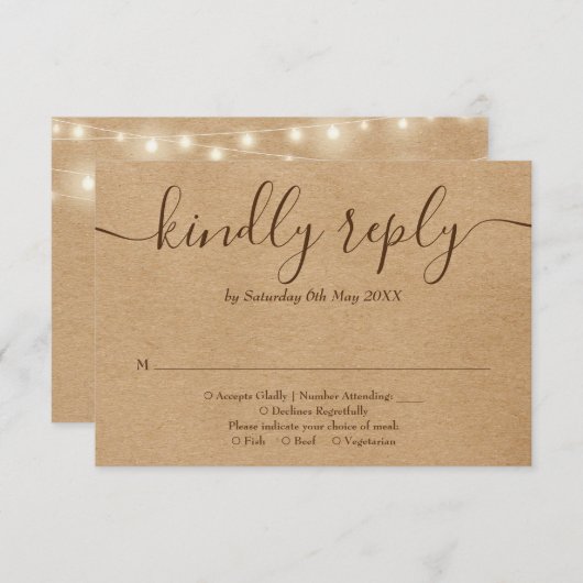 Rustic Kraft String Lights Floral Script RSVP Karte (Vorne/Hinten)