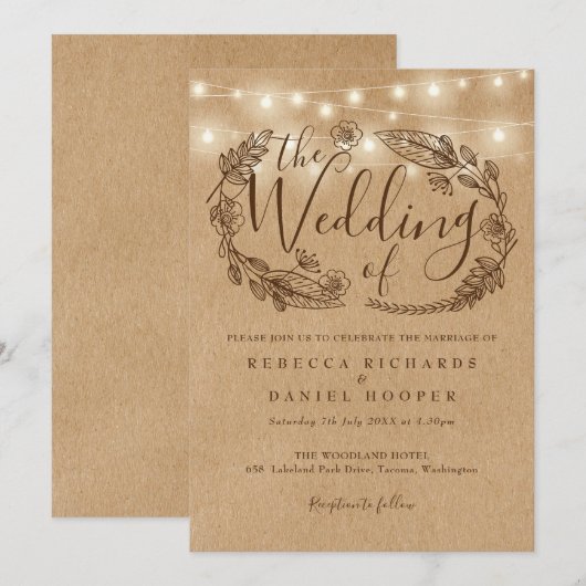Rustic Kraft String Lights Floral Wedding Einladung (Vorne/Hinten)