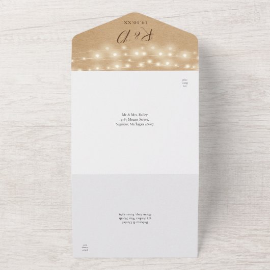 Rustic Kraft String Lights Script BlumenWedding All In One Einladung (Außenbereich)