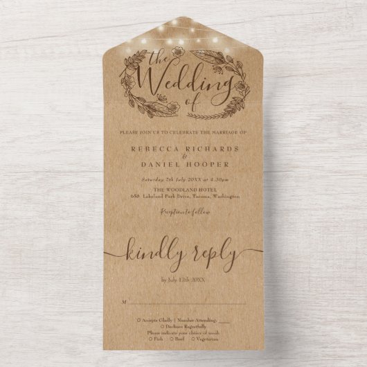 Rustic Kraft String Lights Script BlumenWedding All In One Einladung (Innen Boden)
