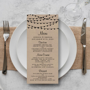 Rustic Kraft String Lights Wedding Menu Werbekarte