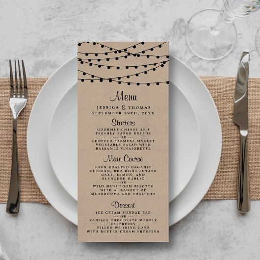 Rustic Kraft String Lights Wedding Menu Werbekarte