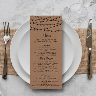 Rustic Kraft String Lights Wedding Menu Werbekarte
