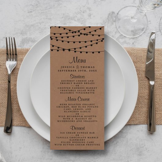 Rustic Kraft String Lights Wedding Menu Werbekarte