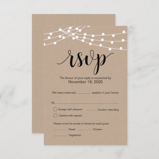 Rustic Kraft String Lights wedding rsvp Antwortkar Begleitkarte (Vorne/Hinten)