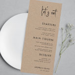 Rustic Kraft Style Let's essen Skript Simple Weddi Menükarte<br><div class="desc">Dieses erdige Hochzeitsmenü mit individuellem Text und modernem Drehbuch würde Ihr Party wunderbar ergänzen! Ändern Sie den Text einfach,  indem Sie auf die Option "Personalisieren Sie diese Vorlage" klicken.</div>