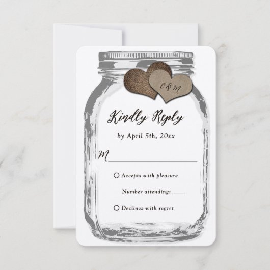 Rustic Kraft Two Hearts Mason Jar Wedding RSVP Karte (Vorderseite)