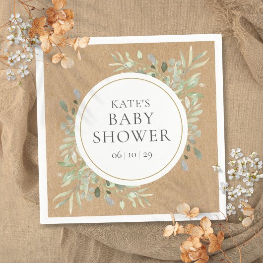 Rustic Kraft Watercolor Greenerity Baby Shower Serviette