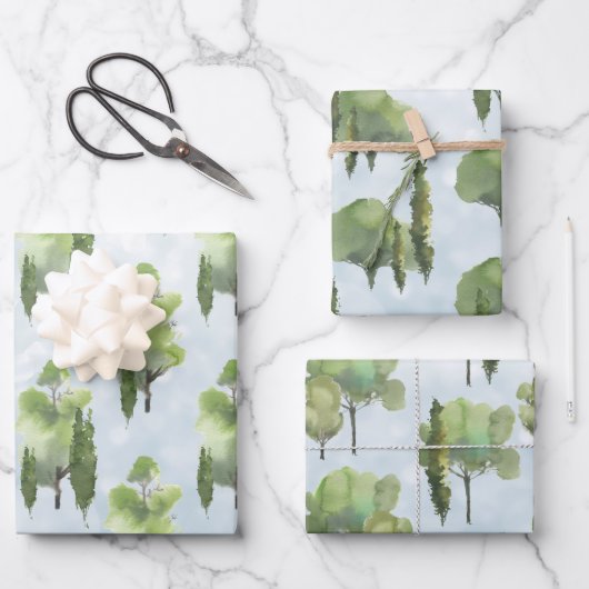 Rustic Kraft Watercolor Woodland Tree & Sky Szenen Geschenkpapier Set (Vorderseite)