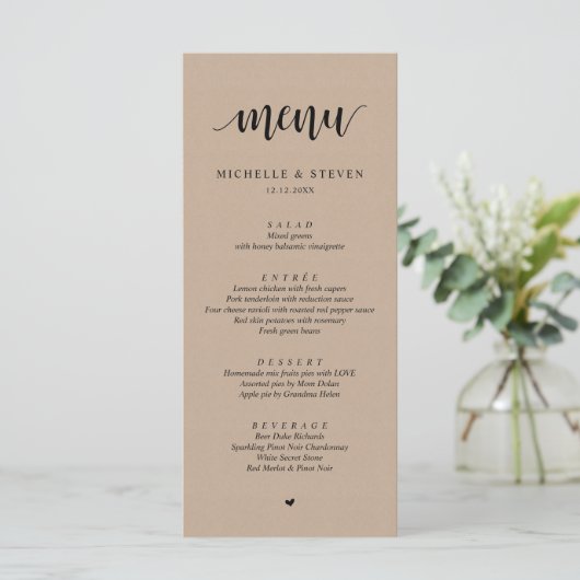 Rustic Kraft Wedding Elopement Dinner Menu Menükarte (Stehend Vorderseite)